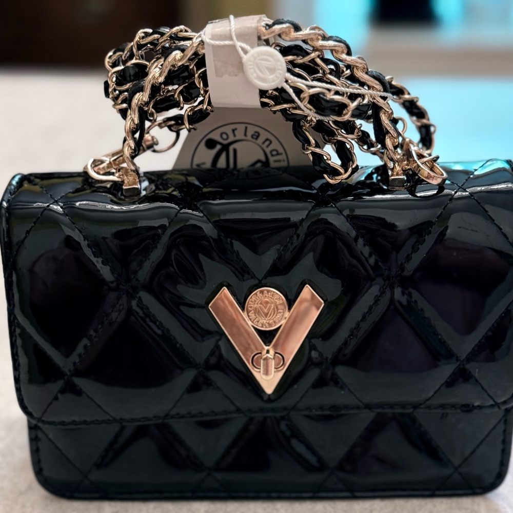 Valentino Orlandi Quilted Patent Crossbody Bag Black Gold Chain Strap NWT